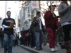 The first strike by Hollywood writers in nearly 20 years got under way with noisy pickets on both coasts after last-minute negotiations on Sunday failed to produce a deal. The AP's Bonny Ghosh talks to strikers in New York City. News Clip