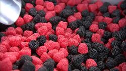 A scoop removes  raspberry and blackberry candies. Stock Footage