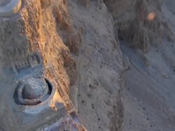 MS AERIAL POV Cave on mountain / Masada, Sourn Judea Desert, Israel  Stock Footage