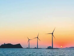 WS T/L View of Seascape and Sunset scene of wind power plant at Tandohang port / Ansan, Gyeonggido, South Korea Stock Footage