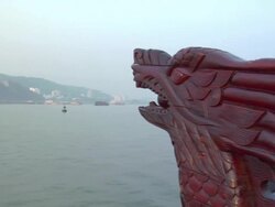 PAN CU Dragon bow of tourist boat to port on Ha Long Bay / Quang Ninh , Vietnam Stock Footage