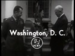 B/W Chuck Yeager + Jacqueline Cochran with Dwight Eisenhower / pilots / graphics superimposed on shot Stock Footage
