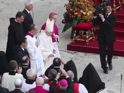 Pope Emeritus Benedict XVI, Georg Ganswein at Pope John Paul II And Pope John XXIII Are Declared Saints During A Vatican Mass at St. Peter's Square on April 27, 2014 in Vatican City, Vatican. Stock Footage