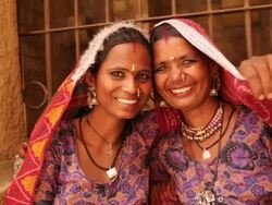 Portrait of two rajasthani women smiling, Jaisalmer, Rajasthan, India Stock Footage