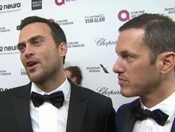 INTERVIEW - Jason Landau and Cheyenne Jackson - Elton John AIDS Foundation Presents 22nd Annual Academy Awards Viewing Party Sponsored By Chopard, Neuro Drinks And Wells Fargo Stock Footage