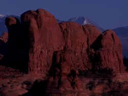 Rock formations and mountains in Arches National Park, Moab, Utah Stock Footage