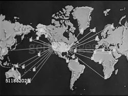 1942: MAP: World map marking east & west coast distribution lines to military service personnel on all continents. Instructional Video