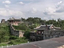 WS T/L View of Hwahongmun Gate in Suwon Hwaseong Castle (Unesco World Heritage)   / Suwon, Gyeonggi do, South Korea Stock Footage