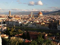 Panorama view from Piazza Del Michelangelo overlooking the magnificent city of Florence, Palazzo Vecchio, Arno River, Italy, Europe Stock Footage