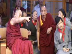 MS PAN  Dalai Lama fellow monk and various dignitaries on stage at his 70th birthday celebration AUDIO / Dharmasala, Himachal Pradesh, India Stock Footage
