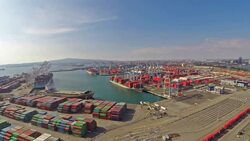 Aerial California Ocean Shipping Yard Stock Footage