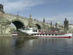 MS One Passenger ferry flowing under bridge / Prague, Hlavni mesto Praha, Czech Republic Stock Footage