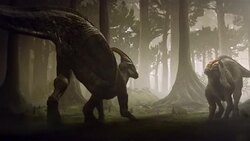 Two Parasaurolophus dinosaurs battle using infrasound waves. Stock Footage
