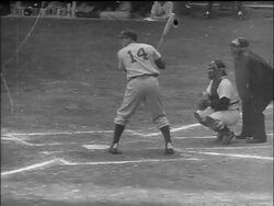 B/W 1955 REAR VIEW Brooklyn Dodger Gil Hodges at bat waiting for pitch / World Series Stock Footage