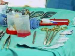 Table with medical tools in operating room Stock Footage