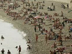 High angle shot of people enjoying the Promenade des Anglais / Nice, France Stock Footage