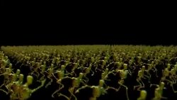 Green 3D men run as a crowd in front of a black background. Stock Footage