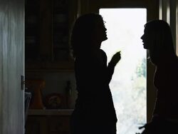 MS Silhouettes of mother and teenage (14-15) daughter arguing in corridor / Cedar Hills, Utah, USA Stock Footage