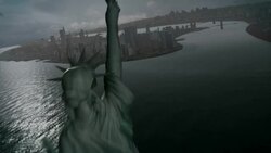 The Statue of Liberty overlooks Manhattan where a nuclear warhead zooms past and detonates. Stock Footage