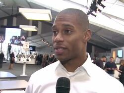 INTERVIEW: Victor Cruz on being excited for Mercedes-Benz Fashion Week and his plans for the offseason at Victor Cruz of the Super Bowl Champion New York Giants Kicks Off Mercedes-Benz Fashion Week 2012 on 02/08/2012 in New York Stock Footage