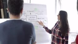 Woman discussing the workflow on whiteboard Stock Footage