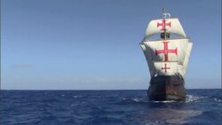 The Santa Maria sails through open seas. Stock Footage