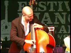 Gypsy jazz Double bass player A. Lockhart performing, France Stock Footage