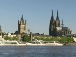 WS Rhine river, Cathedral and church / Cologne, North Rhine Westphalia, Germany Stock Footage