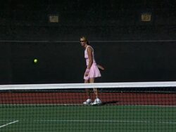 SLO MO, WS, PAN, Mature woman playing tennis, Santa Barbara, California, USA Stock Footage