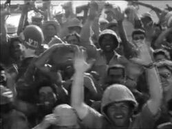 B/W 1967 high angle Israeli soldiers cheering at Wailing Wall after Six Day War / Jerusalem / newsreel Stock Footage