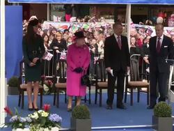 Queen Elizabeth II, Prince Philip, Duke Of Edinburgh And Catherine, Duchess Of Cambridge Visit Leicester Stock Footage