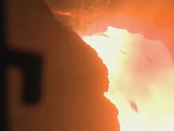 CU Burning fire in steel factory beside blast furnace at Thyssen Steel AG / Duisberg, North Rhine-Westphalia, Germany Stock Footage