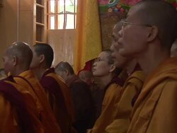 MS People wearing white polos sitting on ground taking notes from speaker AUDIO / Dharamsala, Himachal Pradesh, India Stock Footage
