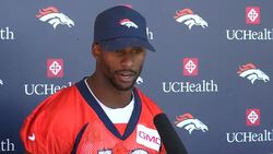 Denver Broncos receiver Emmanuel Sanders at press conference 'bets on himself' Stock Footage