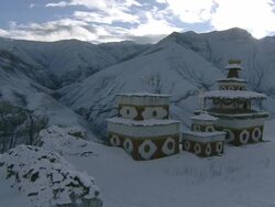 CU Salt trader sewing sack of tibetan salt / Saldang village, High Himalayas, Upper Dolpo near Tibetan border, Nepal Stock Footage