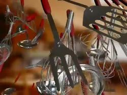 Culinary tools tossed towards the camera Stock Footage