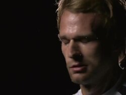 SLO MO, CU, Male tennis player shaking head, night, Santa Barbara, California, USA Stock Footage