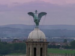 Aerial Liver Birds (atop Royal Liver Building) and cityscape/ Liverpool, England Stock Footage