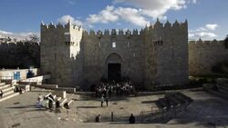 Tourists visit Damascus Gate in the Old City of Jerusalem. Stock Footage