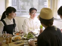 MS Shot of Friends good terms are enjoying lunch at cafÃƒÂ©, talking and smiling / Kyoto, Japan Stock Footage