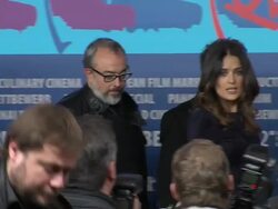 Salma Hayek, Alex de la Iglesia at As Luck Would Have It Press Conference: 62nd International Berlin Film Festival 2012 at the Grand Hyatt on February 15, 2012 in Berlin, Germany. (Footage by WireImage Video/Getty Images Entertainment Video)  Stock Footage