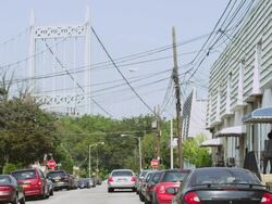 MS PAN Shot of Queens Neighborhood Details & Manhattan Bridge / New York, United States Stock Footage