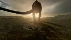 A dinosaur walks away from a nest with eggs in a computer-generated animation. Stock Footage