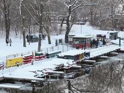 Walk near the harbor in winter - snow Stock Footage