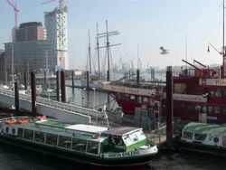 MS Some ferry boats and restaurent boat moored on harbour / Hamburg, Hamburg, Germany  Stock Footage