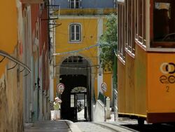 View of the Lisbon tramway network within the city, Lisbon, Portugal, Europe Stock Footage