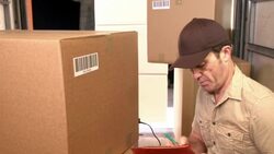 Courier / Delivery person scanning barcode on parcel in Delivery Van Stock Footage