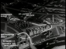 1936: PARADE ROUTE MAP: Map of London highlighting Coronation route from Buckingham Palace to Westminster Abbey by long through city parade route. Instructional Video