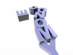 MS PAN Shot of tower of blue letters spelling out word 'ECONOMY' tumble to floor, some of them bounce Stock Footage