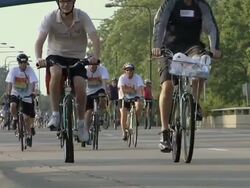 WS Bike traffic on Lake Shore Drive in Chicago on summer morning during community cycling event / Chicago, Illinois, USA Stock Footage